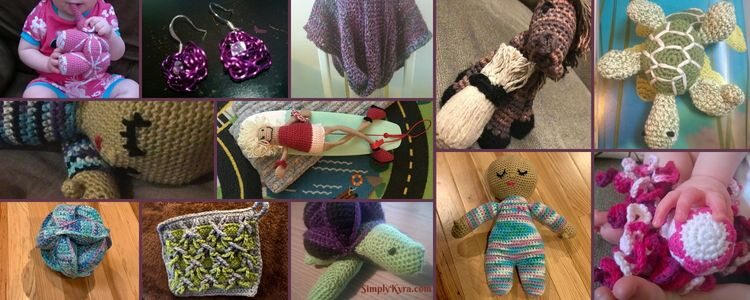 Collage showing a twelve images of something crocheted. The center image is a crocheted doll on a toy surfboard. From top left clockwise the other images are a puzzle ball elephant, wire earrings, shawl, horse with hay, sea turtle, jellyfish, sleeping baby doll, puzzle ball turtle, potholder with criss cross decorations, puzzle ball, and another sleeping baby doll.  