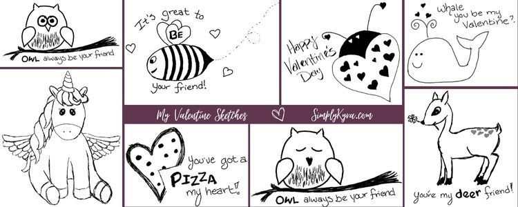 Image shows a collage of eight hand drawn Valentine cards separated by a purple line. The center has a larger line with the text "My Valentine Sketches", a heart, and my URL SimplyKyra.com. 