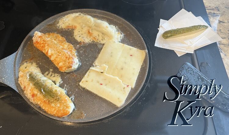 Image shows more steps of the melting cheese, just wrapped pickles, and the flipped ones. 